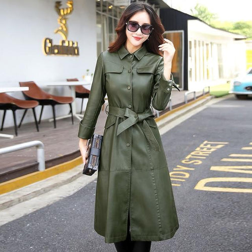 2019 New Fashion Ladies Elegant Washed PU Leather Coats Trench