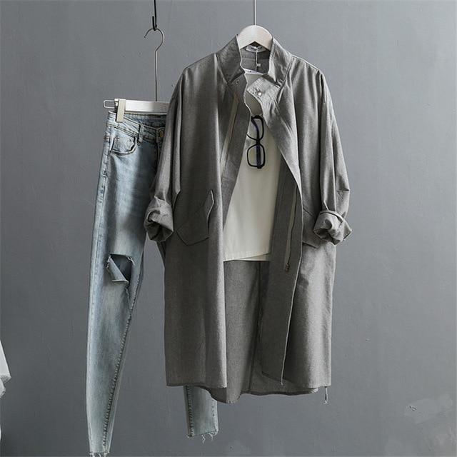 2019 Summer Cotton Linen Women's Trench Coat Korean Version Long Sleeved Loose Women Coats