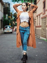 Load image into Gallery viewer, Suede Self Tie Duster Trench Coat Long Sleeve Wrap Long Outer Belt Women Casual Fall Winter Workwear Coat