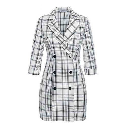 Sexy Plaid Deep V Neck Office Blazer Women Autumn Double Breasted Trench Coat