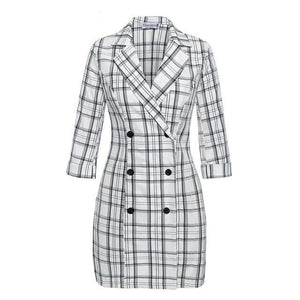 Sexy Plaid Deep V Neck Office Blazer Women Autumn Double Breasted Trench Coat