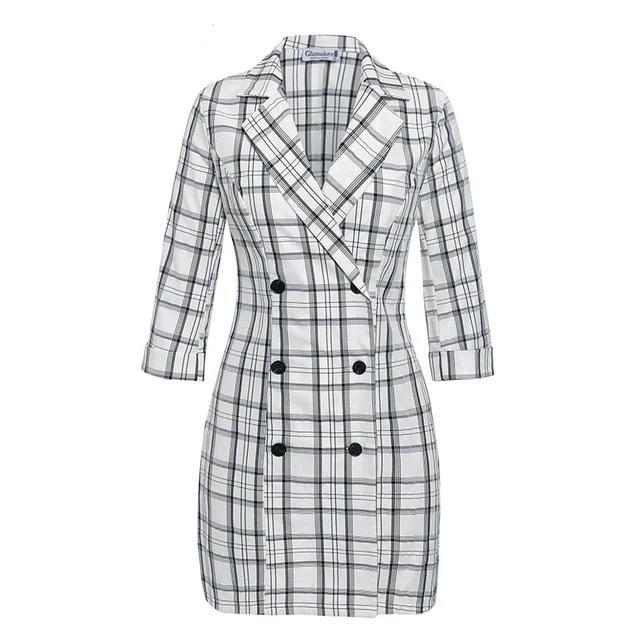 Sexy Plaid Deep V Neck Office Blazer Women Autumn Double Breasted Trench Coat