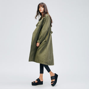 2019 Autumn Women's Casual Trench Coat Cotton Vintage Washed Military Outwear Loose Clothing With Belt