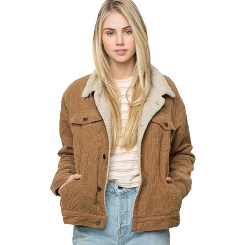 Winter Casual Brown Corduroy Long Sleeve Turn-down Collar Denim Jacket