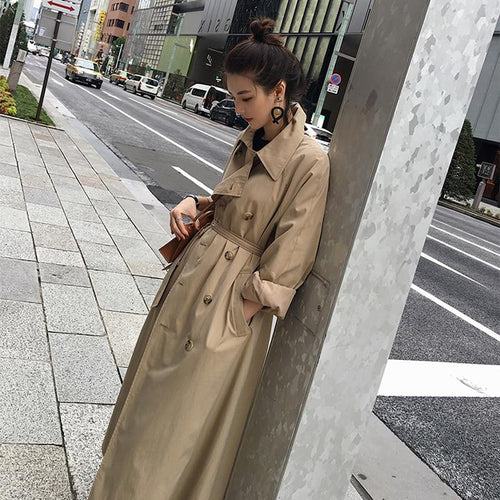 Casual Women's Khaki Trench Coat Long Outerwear Loose Clothes Office Lady Windbreaker With Belt
