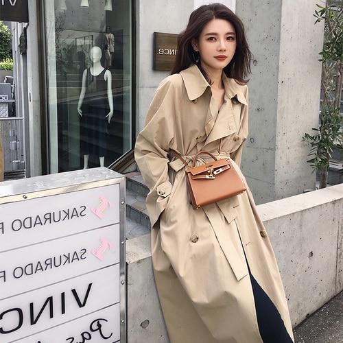 Casual Women's Khaki Trench Coat Long Outerwear Loose Clothes Office Lady Windbreaker With Belt
