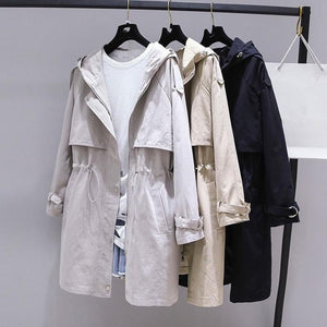 2019 Spring Autumn Trench Coat Women Casual Adjustable Waist Outwear Female Korean Fashion Hooded Windbreaker