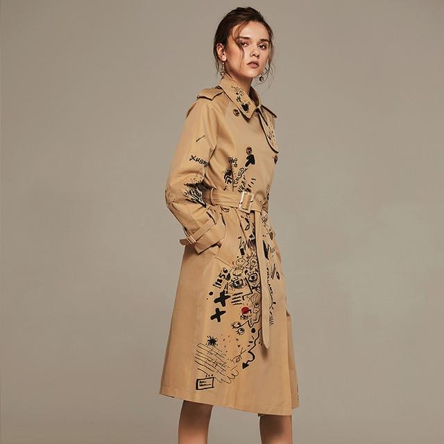 2019 Autumn And Winter Trench Coat Women Long Sleeve Printing Windbreaker Trench Femme