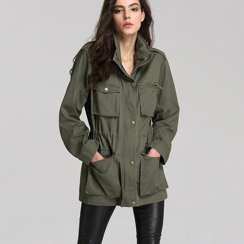 Women Anorak Solid Color Long Sleeved Pockets Zipper Hooded Collar Coat