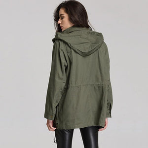 Women Anorak Solid Color Long Sleeved Pockets Zipper Hooded Collar Coat