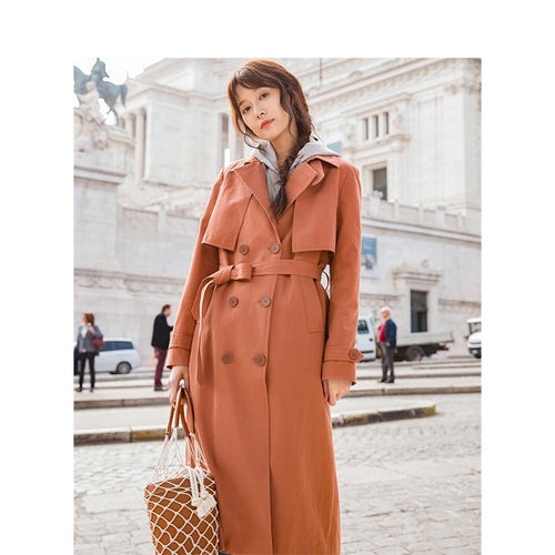 2019 Spring Autumn England Retro Style Turn Down Collar Show Waist With Belt Women Long Trench Coat