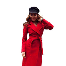 Load image into Gallery viewer, Elegant Long Women&#39;s Coat Lapel 2 Pockets Belted Jackets Solid Color Coats Female Outerwear
