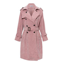 Load image into Gallery viewer, 2019 Pink Corduroy Long Trench Women Coat Belt Tie Autumn Winter Windbreaker Double-breast Coats