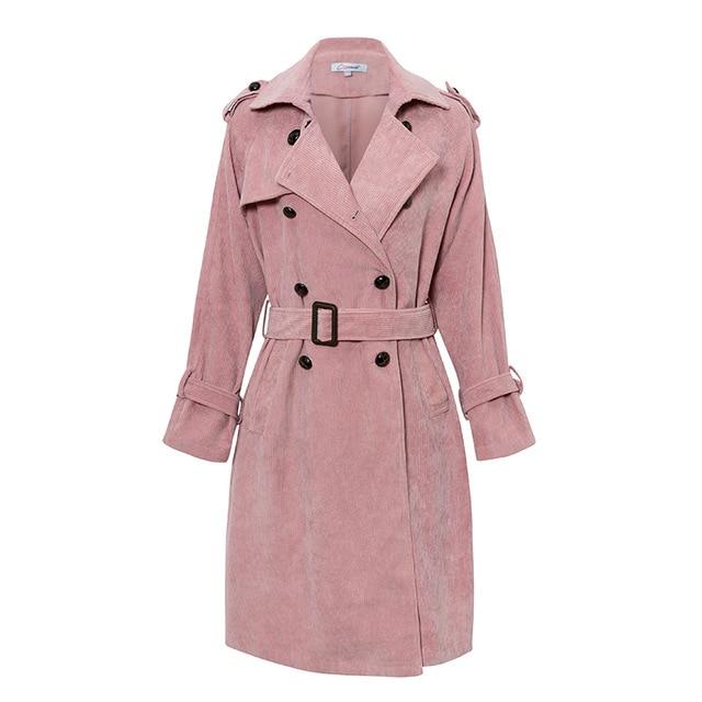 2019 Pink Corduroy Long Trench Women Coat Belt Tie Autumn Winter Windbreaker Double-breast Coats