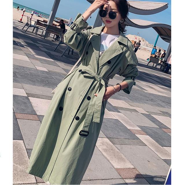 2019 Autumn Women Long Trench Coat With Belt Turn Down Collar Clothes Long Coat Trench Femme