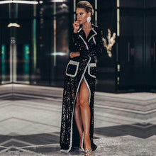 Load image into Gallery viewer, 2019 Women Fashion Trench Coats Black Sequin Deep V Long Sleeve Double Breasted Long Coat