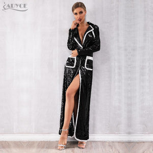 2019 Women Fashion Trench Coats Black Sequin Deep V Long Sleeve Double Breasted Long Coat