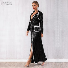 Load image into Gallery viewer, 2019 Women Fashion Trench Coats Black Sequin Deep V Long Sleeve Double Breasted Long Coat