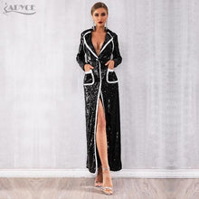 Load image into Gallery viewer, 2019 Women Fashion Trench Coats Black Sequin Deep V Long Sleeve Double Breasted Long Coat