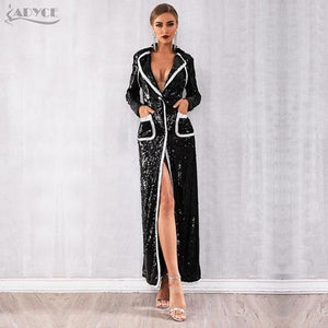 2019 Women Fashion Trench Coats Black Sequin Deep V Long Sleeve Double Breasted Long Coat