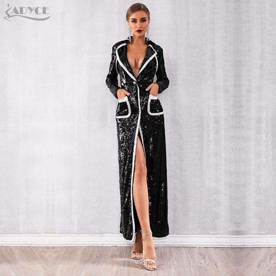 2019 Women Fashion Trench Coats Black Sequin Deep V Long Sleeve Double Breasted Long Coat