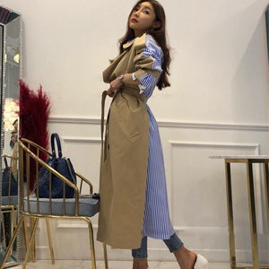 2019 Striped Patchwork Windbreaker Women Long Sleeve Lace Up Trench Coat Female Autumn Oversized