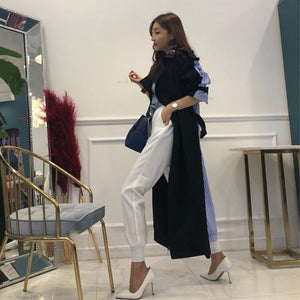 2019 Striped Patchwork Windbreaker Women Long Sleeve Lace Up Trench Coat Female Autumn Oversized