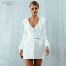 Load image into Gallery viewer, 2019 Winter Women Trench Coats Casual Long Sleeve Sexy Deep V-Neck Feathers Slim Belt White Club Party Coats