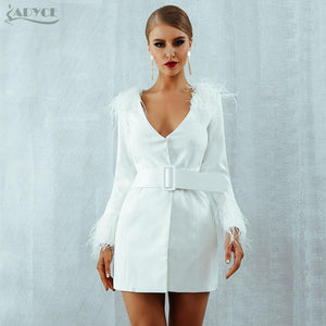 2019 Winter Women Trench Coats Casual Long Sleeve Sexy Deep V-Neck Feathers Slim Belt White Club Party Coats