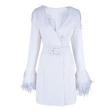Load image into Gallery viewer, 2019 Winter Women Trench Coats Casual Long Sleeve Sexy Deep V-Neck Feathers Slim Belt White Club Party Coats