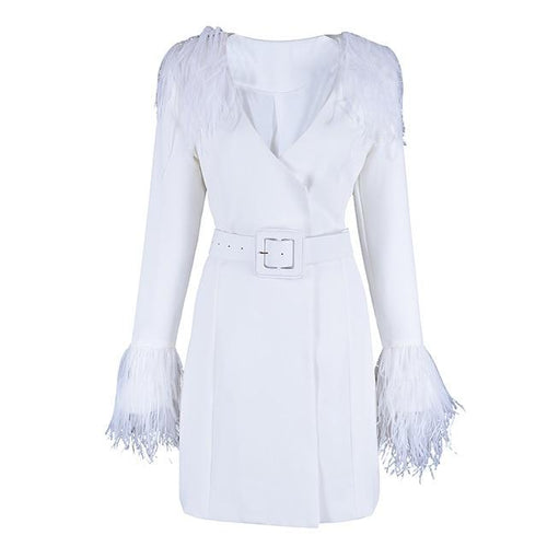 2019 Winter Women Trench Coats Casual Long Sleeve Sexy Deep V-Neck Feathers Slim Belt White Club Party Coats