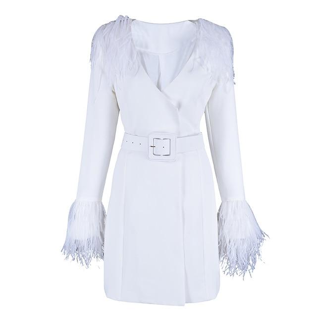 2019 Winter Women Trench Coats Casual Long Sleeve Sexy Deep V-Neck Feathers Slim Belt White Club Party Coats