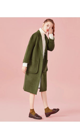 Women Long Wool-Blend Dropped Shoulder Coats Turn-Down Collar Long Sleeve Trench Winter Female Coats Outwear
