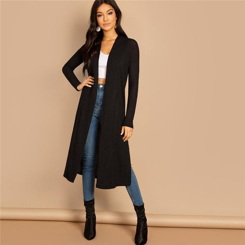 2019 Black Split Side Longline Plain Long Sleeve Cardigan Women Outerwear Coat Spring Cotton Casual High Street Coats