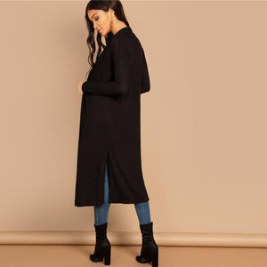 2019 Black Split Side Longline Plain Long Sleeve Cardigan Women Outerwear Coat Spring Cotton Casual High Street Coats
