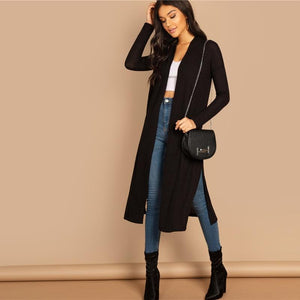 2019 Black Split Side Longline Plain Long Sleeve Cardigan Women Outerwear Coat Spring Cotton Casual High Street Coats