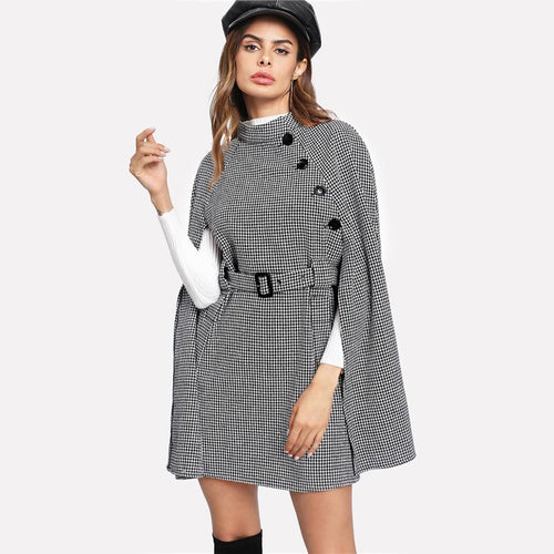 Women Fall Coat Cloak Sleeve Stand Collar Self Belted Houndstooth Cape Coat