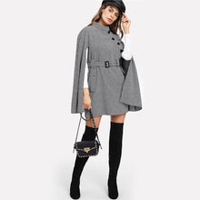 Load image into Gallery viewer, Women Fall Coat Cloak Sleeve Stand Collar Self Belted Houndstooth Cape Coat