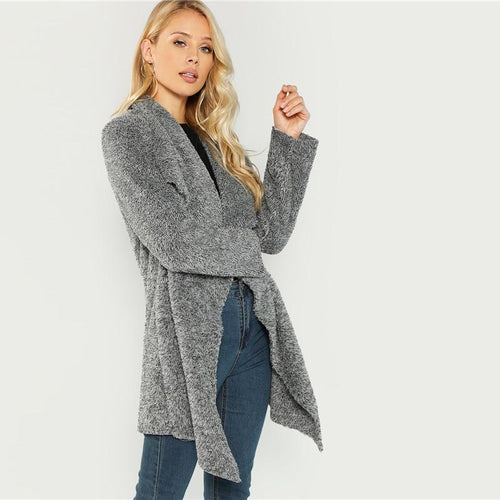 2018 Grey Office Lady Elegant Waterfall Collar Solid Knee Length Teddy Coat Autumn Casual Women Coats