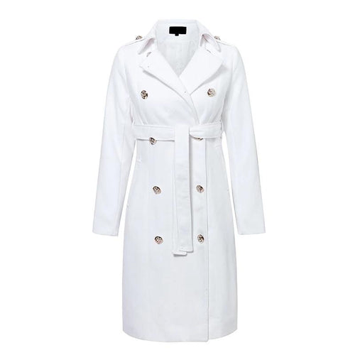 Vintage Double Breasted White Trench Coat Women Sashes Slim Long Trench Winter Office Solid Trench Dress