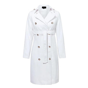 Vintage Double Breasted White Trench Coat Women Sashes Slim Long Trench Winter Office Solid Trench Dress