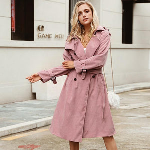 2019 Pink Corduroy Long Trench Women Coat Belt Tie Autumn Winter Windbreaker Double-breast Coats