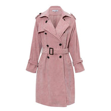 Load image into Gallery viewer, 2019 Pink Corduroy Long Trench Women Coat Belt Tie Autumn Winter Windbreaker Double-breast Coats