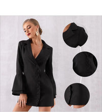 Load image into Gallery viewer, 2019 Women Slim Black Trench Coat White Sexy V-Neck Single Breasted Petal Sleeve Long Style Women Out Wear Club Coats