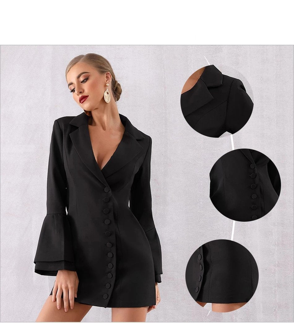 2019 Women Slim Black Trench Coat White Sexy V-Neck Single Breasted Petal Sleeve Long Style Women Out Wear Club Coats