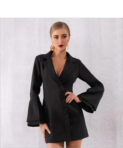 2019 Women Slim Black Trench Coat White Sexy V-Neck Single Breasted Petal Sleeve Long Style Women Out Wear Club Coats