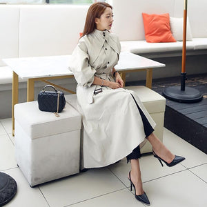 Autumn Winter Trench Coat For Women Stand Collar High Waist Lace Up Women's Windbreakers