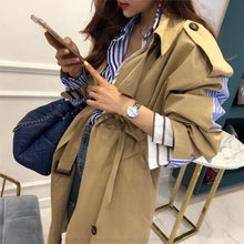 Load image into Gallery viewer, 2019 Striped Patchwork Windbreaker Women Long Sleeve Lace Up Trench Coat Female Autumn Oversized