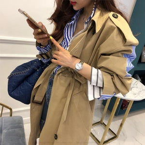 2019 Striped Patchwork Windbreaker Women Long Sleeve Lace Up Trench Coat Female Autumn Oversized
