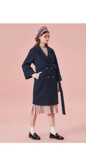 Women Double-Breasted Trench Coat Women's Wool Blend Coat Slant Pocket Silky Polyester Lined